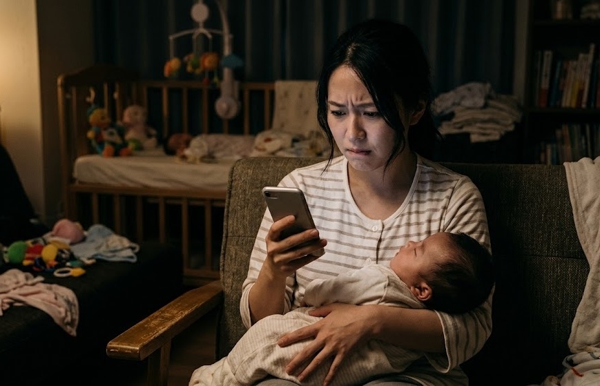 育休中に口座残高を確認して不安そうな表情をしているママのイメージ