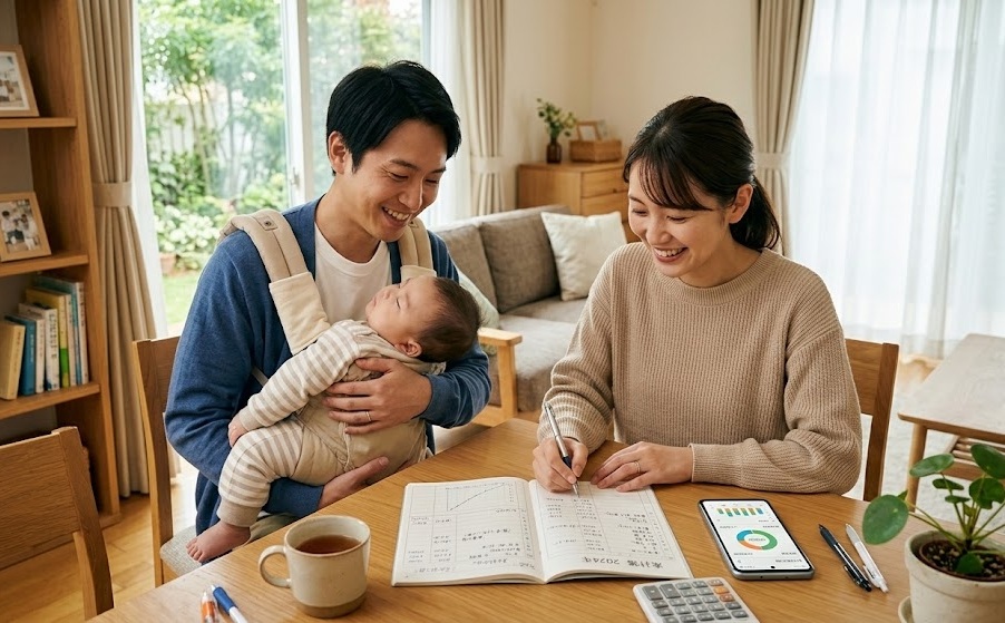 育休中の家計シミュレーションを夫婦で確認する様子