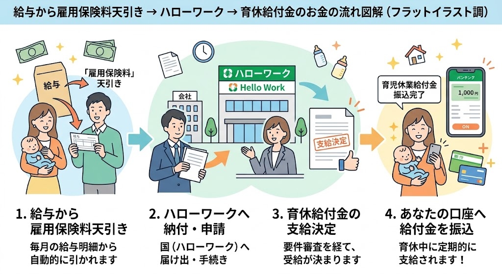育児休業給付金が雇用保険から支給される仕組みの図解